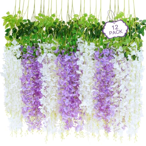 12Pcs Artificial Wisteria Hanging Flowers, 3.6Ft/Pcs White & Purple Fake Wisteria Garland for Wedding Party Home Garden Indoor Outdoor Decoration - color: White & Purple, size: 12Pcs
