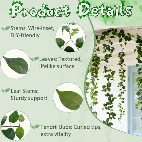 ucky 4Pack Total 24FT Green Fake Vines Ivy Leaves Vines for Bedroom Greenery Garland Fake Leaves Leaf Wall Decor Faux Hanging Vines Plants Outdoor Garland - color: Scindapsus Vines