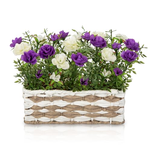 Artificial Rose Flowers with Woven Basket, Faux Roses in Fake Rattan Planter for Table Centerpiece, Romantic Floral Arrangement for Home Bathroom Office Desk Spring & Rustic Decor, Cream White Purple - color: Cream White & Purple