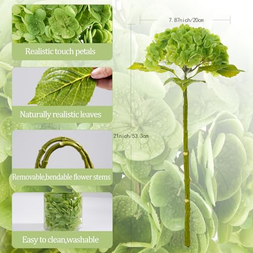 3Pcs Real Touch Artificial Hydrangeas 21" Latex Faux Hydrangea Flowers Stems for Vases, Wedding Centerpieces, Home Decor — Removable Heads, Dark Green - color: Dark Green