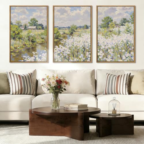BINCUE Framed Wildflower Wall Art Rustic Floral Wall Decor Vintage Landscape Artwork Nature Flowers Wall Pictures Wildflowers Art Prints Florals Paintings for Living Room Bedroom Bathroom Farmhouse 16x24 Inches Set of 3 Gift - color: Nature Wildflower, si