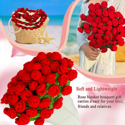 Crochet Flowers Rose Bouquet Blanket - Birthday Mothers Day Gifts for Mom Wife Grandma Women Sister, Handmade Knitted Throw Blankets for Couples Anniversary Wedding Home Decor
