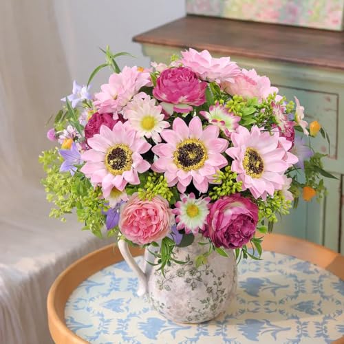 3 Pcs Fall Flowers Artificial Mums Silk Fake Mums Bouquet Faux Floral Arrangements Home Indoor Outdoor Planter Decor Party Wedding Table Autumn Decoration (Purple, Pink) - color: Purple, Pink