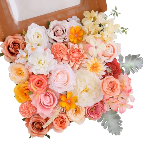 Kisflower Champagne Artificial Flowers Combo Cake Flowers Decorations Fake Peony Silk Roses Gift Box for DIY Wedding Bridal Bouquet Centerpieces Arrangements Party Holiday Decor (Champagne&Pink) - color: Champagne&pink