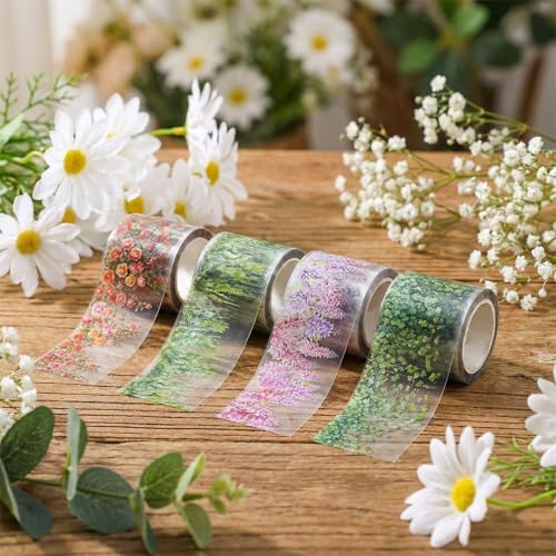 4 Rolls Floral Washi Tape, PET Rose Vine Flower Tape Stickers for Journaling, Colorful Self-Adhesive Green Leaf Decorative Tapes for Crafts Scrapbook Journal Notebook Gift Wrap Photo Album