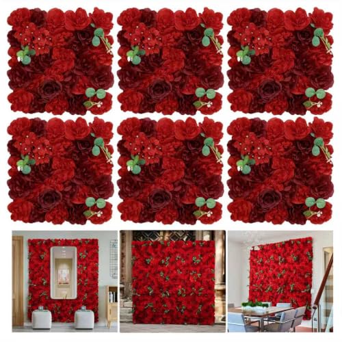 Artificial Flower Wall Backdrop 6 Piece 16.5x16.5inch Red Silk Rose Wall Artificial Floral Panel Ideal for Wedding Celebrations Arrangement Festive Party Backdrops and Elegant Home Decor - color: Red, size: 16.5inch