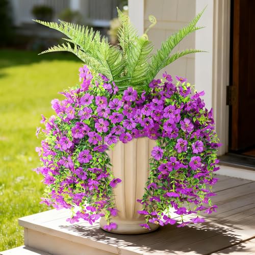 ZFProcess Artificial Fake Hanging Flowers for Outdoors, Silk Daisy with Articial Boston Ferns Plants Set, Realistic Spring Fake Outdoor Flowers UV Resistant Porch Patio Yard Decor - color: Purple Daisy With Fern