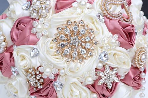 Dusty Pink Rose and Ivory Wedding Bouquet with Rhinestone Brooch Pearl String Satin Flower Cascade Bridal Bouquet for Bride Bridesmaid Quinceanera Wedding 6.3in - color: Dusty Pink & Ivory, size: Small (DIA. 6.3"/16cm)