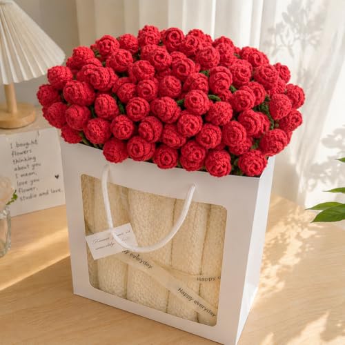 Crochet Flower Bouquet Throw Blanket, Cute Romantic Gift for Her Girlfriend Mom Mother’s Day Valentine Wedding Anniversary Birthday (Red, 40 inches) - color: Red, size: 40 inches