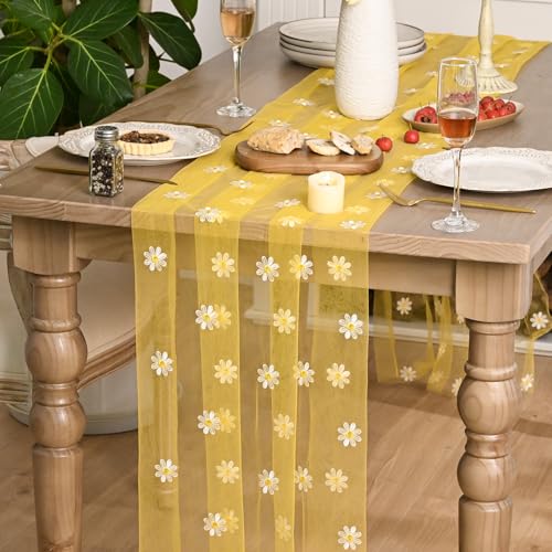 Artoid Mode Yellow Daisy Gauze Embroidery Table Runner 120 Inch 10FT, Tulle Seasonal Spring Kitchen Dining Holiday Table Decor for Home Party - color: Yellow
