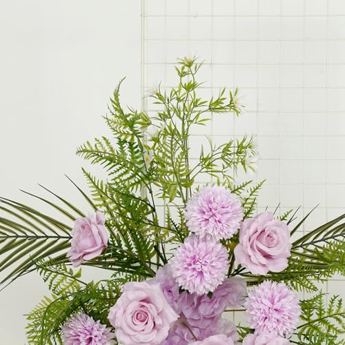 Efavormart Lavender Lilac Wedding Arch Swag, Artificial Rose and Chrysanthemum Floral Arrangement with Tropical Palm Leaves for Backdrop and Reception Decor - color: Lavender Arch02