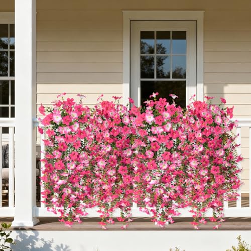 Artificial Fake Flowers Plants for Outdoor Spring Summer Decoration,2 PCS Faux Silk Morning Glory with Eucalyptus Leaves,UV Resistant Realistic Outdoor Flowers for Balcony Porch Patio Yard Garden - color: Rose Red Pink