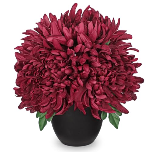 Briful Fake Mums Flower in Black Pot Realistic Silk Chrysanthemums Artificial Flowers Fall Mums for Home Decor Indoor Wedding Farmhouse Centerpiece Table, Burgundy - color: Burgundy