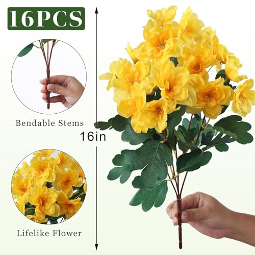 16 Bundles Artificial Flowers for Front Door, Fake Silk Azalea Bouquet Silk Flowers for Outside UV Resistant Realistic Faux Plants for Planter Farmhouse Patio Garden Walkways Home Decor (Yellow) - color: Yellow