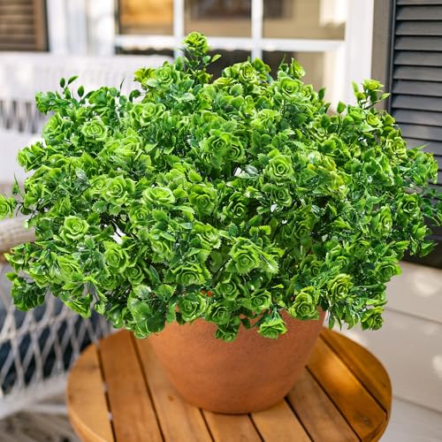 HyeFlora Artificial Plants for Outdoors Outside Spring Summer Decoration, 12 Bundles Faux Green Plastic Leaves Stems Bulk Fake Greenery Look Real UV Resistant for Home Porch Patio Planter Yard Wedding - color: Green Leaf Rose