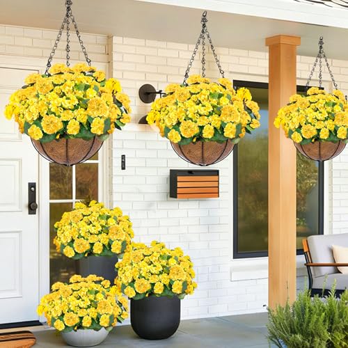 TURNMEON Artificial Geraniums Flowers for Outdoors Summer Decoration, 4 Bundles Fake Flowers Silk Yellow Flowers UV Resistant No Fade Faux Plants for Planter Gardens Table Porch Indoor Cemetery Decor - color: Yellow