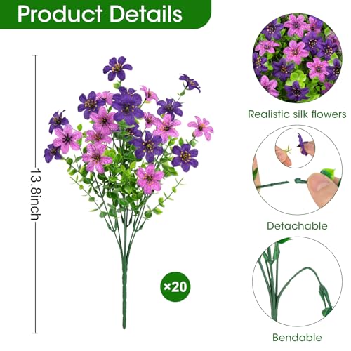 20 Bundles Artificial Flowers for Outdoors, Fake Silk Flowers UV Resistant Faux Realistic Plastic Plants for Spring Summer Porch Patio Garden Planter Window Box Home Decor, Double Purple - color: Double Purple