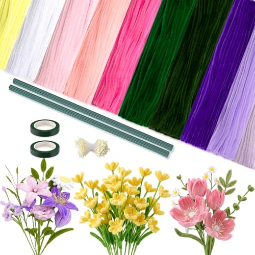 Peryiter 1402 Pcs Pipe Cleaners Flowers Set 1000 Pcs 10 Colored 12 Inch Chenille Stems for Tulip Bouquet Making Art DIY Craft Projects Creative Gift Party Wedding Decorations(Pink & Purple Flower) - color: Pink & Purple Flower