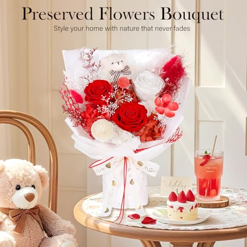 Preserved Flowers Bouquet with Bear, 3 Real Forever Flowers for Delivery, Long-Lasting Red Eteranl Roses Bouquet, Anniversary Birthday Gifts for Women Mom Her Girlfriend Wife - color: Red