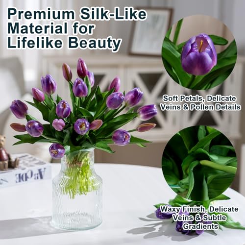 Bailikang 20PCS Fake Tulips 12' Artificial Tulip Silk Flowers Fake PU Bouquet Artificial Flowers Faux Flowers with Gift Box Soft Faux Tulips Bouquets Arrangements for Party Wedding Home - color: Purple