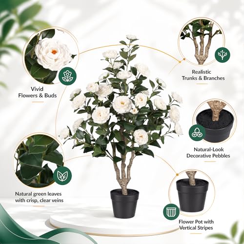 3FT Artificial Camellia Tree 2 Pack, UV Resistant Faux Camellia Plants with Realistic White Flowers, Tall Fake Potted Trees for Front Porch Patio Garden Home Decor, Indoor Outdoor - color: Camellia Tree White