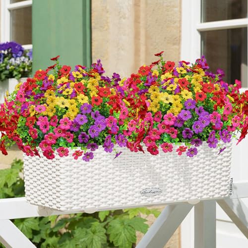 Artificial Flowers for Outdoors, Fake Faux Plants Outside Realistic Spring Summer Decor, UV Resistant Silk Flowers for Home Porch Garden (12, Purple Red Yellow Hot Pink) - color: Purple Red Yellow Hot Pink