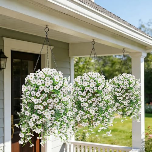 4 Pcs Artificial Hanging Flowers for Outdoor, Fake Silk Daisy Flowers Spring Summer Decoration UV Resistant Faux Plants for Planter Front Door Porch Patio Balcony Yard Decor, White - color: White