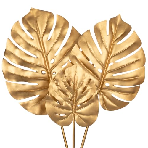 DILATATA 3 Pcs Artificial Monstera Leaves With Long Stem - Golden Tropical Plant, Gold Palm Leaves, Philodendron Fronds for Wedding, Hawaiian Luau, Jungle Party Decorations - color: Monstera#gold Pe 3pcs