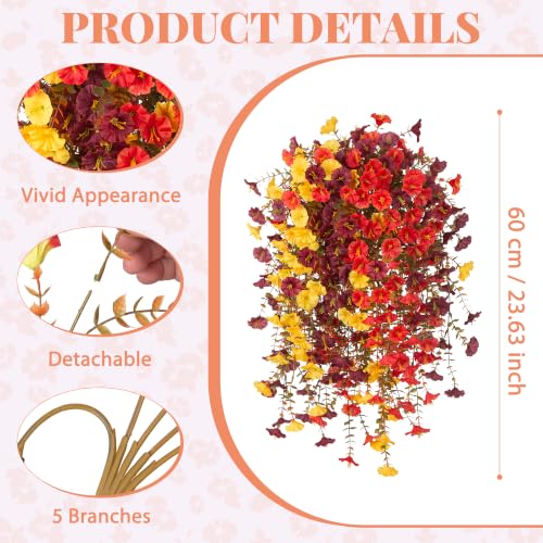 Hrobek Fake Fall Hanging Flowers Artificial for Outdoor Decoration, 9pcs | Long Vine Morning Glory, Realistic Faux Petunias for Patio Porch Garden, Orange Brown Yellow - color: Brown Orange Yellow