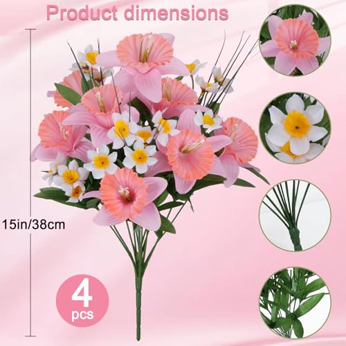 4PCS Flowers for Cemetery, Pink Artificial Daffodils 18" UV Resistant Grave Decorations, Faux Spring Floral Arrangements Memorial Flowers for Gravesite Headstone Vase, Outdoor Grave Site Decor - color: Pink-4pcs