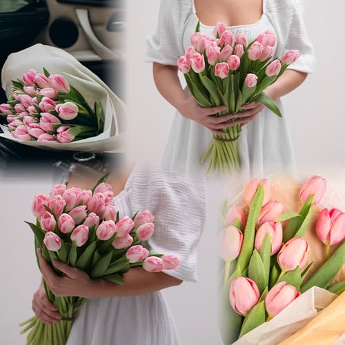 Sggvecsy 30 Pcs Fake Tulips Artificial Flowers Real Touch PU Faux Flowers Tulip Stems for Wedding Spring Bouquet Floral Arrangement Home Party Office Decorations for Mother's Day (Light Pink) - color: Light Pink, size: 30 Pcs