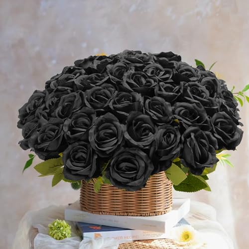 Fanfantoey Black Roses Artificial Flowers Bulk, 52Pcs Fake Roses Flower Arrangement, DIY Silk Flowers Roses Bouquet, Realistic Faux Artificial Roses for Mother's Day Home Table Decor