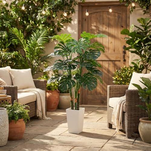 Aveyas 4ft Tall Artificial Monstera Deliciosa Plants, 4 Feet Faux Swiss Cheese Plants Fake Silk Tree with Pot for Indoor Outdoor Office House Living Room Home Decor (4 ft Tall Including Raised Pot) - color: Monstera Tree (4)