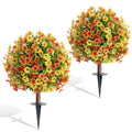 momoplant Artificial Boxwood Topiary Ball Tree with Mum Flowers 24” Tall Faux Plant with Ground Spikes Set of 2 Fake Flower Bushs for Farmhouse Porch Home Garden Decor - size: 2Pcs with Spike（Yellow&Orange）