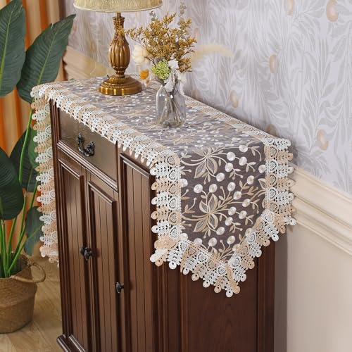 Lace Table Runner Floral Embroidery Fabric Rustic Table Runners Elegant Chic Table Transparent Cover for Home Dining Room Tabletop Decor Wedding Party Dresser (Champagne&White, 16 x 59 Inch) - color: Champagne&white, size: 16 x 59 Inch
