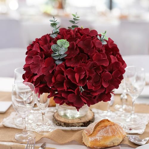 AVIVIHO 65Pcs Fake Flowers Burgundy Hydrangea Artificial Flowers Bulk (Not Squished, No Steaming Need) Silk Flowers with Stems for Wedding Decor,Home,Baby Shower,Table Centerpieces Decoration - color: Burgundy, size: Medium