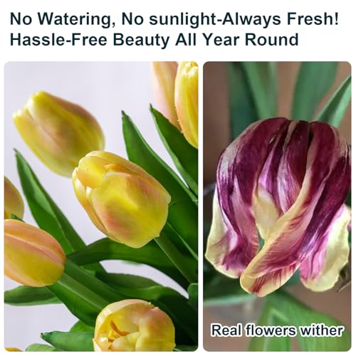 Bailikang 20PCS Fake Tulips 12' Artificial Tulip Silk Flowers Fake PU Bouquet Artificial Flowers Faux Flowers with Gift Box Soft Faux Tulips Bouquets Arrangements for Party Wedding Home - color: Yellow