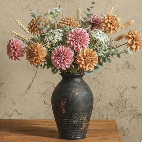 Black Ceramic Flower Vase, 9.17 Inch Pottery Rustic Vase for Shelf,Tabletop, Vintage Farmhouse Home Decor for Coffee Table, Living Room,Mantle, Fireplace, Entryway - color: Black Gold 9.17 Inch