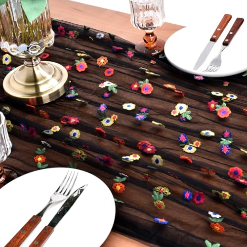 Joanlody 3pcs Black Embroidery Daisy Spring Summer Table Runner 10ft Florals Seasonal Tulle Table Runner for Home Garden Tea Party Holiday Birthday Decoration - color: Black, size: 10ft x 3pack