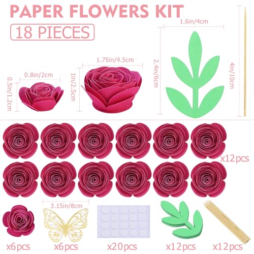 Mverse 3D Rolled Roses Paper Flowers Decorations for Custom Shadow Box Frame, Graduation Cap, Mini Artificial Crafts DIY Gift Décor for Mother Day (18 Pieces, Rose Red) - color: 08- Rose Red