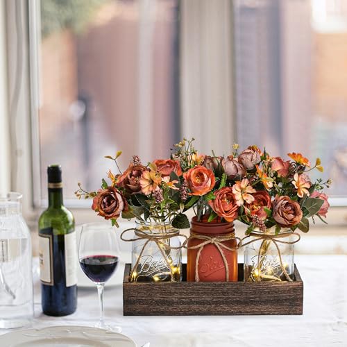 3 Pcs Mason Jar Centerpiece Table Decorations for Dining Table Decor Farmhouse Coffee Table Decor with Wood Tray and Led Light Table Centerpieces for Dining room Kitchen Living Bathroom,Orange - color: orange