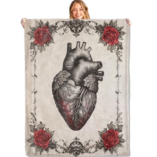 Gothic Anatomical Heart with Rose Throw Blanket,40x50in,Soft,Lightweight Flannel,Vintage Floral Retro Blankets - Gifts for Adult,for Couch Office Travel,Home Living Room Halloween Goth Decor - color: Horror 04, size: 40x50in