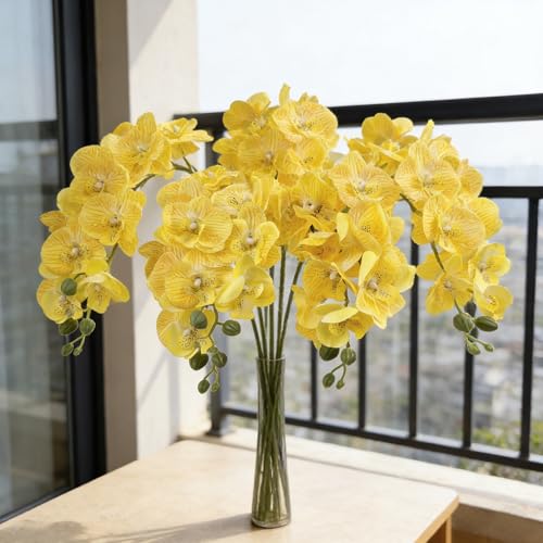 HCTCPALS Artificial Flowers for Outdoors 6 Pcs Orchids Plant Realistic Silk Fake Flowers for UV Resistant Faux Plants Outdoor Indoor Outside Front Porch Hanging Planter Decoration-38" Yellow - color: Orchid Yellow
