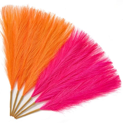 Serwalin 6PCS Pampas Grass Decor, 17.7Inch Bright Orange Hot Pink Artificial Pampas Grass Fluffy Fake Pompas Vase Filler Flower Arrangement for Home Wedding Decor - color: A Bright Orange Hot Pink, size: 17 Inch 6 Pcs