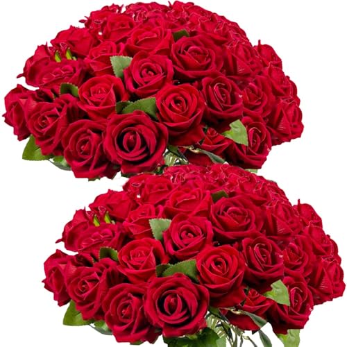 Jasion 50PCS Artificial Roses Realistic Velvet Silk Faux Flowers Bouquet for Mother's Day Wedding Home Party Table Centerpieces Decoration (Red) - color: Red 50pcs