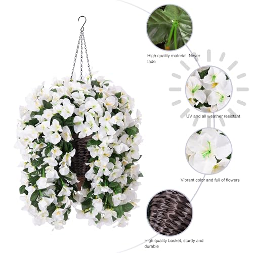 INSPRING Artificial Bougainvillea Faux Flowers Plants Baskets for Outdoor Outside Decoration, 3PCS Fake Silk Flowers Long Trailing Vines UV Resistant Realistic for Front Door Porch Patio (White) - color: White
