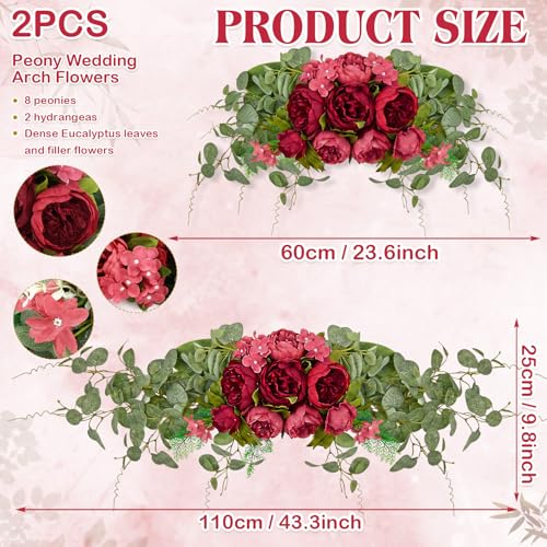 Suncalla 2 Pcs Floral Wedding Arch 30 Inch Rustic Artificial Flowers Swag Garland with Peonies Eucalyptus Leaves for Wedding Arrangement Table Centerpiece Ceremony Backdrop Party Decor (Red) - color: Red
