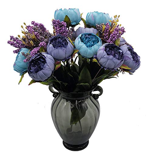 2pcs Artificial Peony Bouquets,19 Inch Silk Peony Bunch with 7 Faux Flowers,Classical Style Artificial Flowers with Leaves and Ornaments for Wedding,Home Décor Centerpieces(Blue) - color: Blue, size: Pack of 2