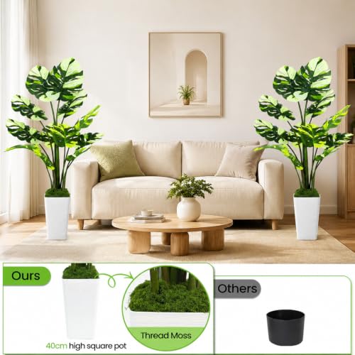 UPBUD Artificial Monstera Deliciosa Plant, 5FT Fake Tree with Real Touch Leaves & White Square Planter, 60in Tall Faux Plants Floor Trees for Indoor Outdoor Home Living Room Office Decor - color: White Leaves White Planter
