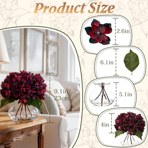 Burgundy Artificial Hydrangea Flowers with Glass Vase, Faux Floral Arrangements with Fake Water, Lifelike Hydrangeas Table Centerpieces for Dining Room, Coffee Table, Bathroom Decor - color: D-burgundy